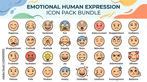Vector emotional human expression icon pack bundle with diverse cartoon face emojis showing different feelings