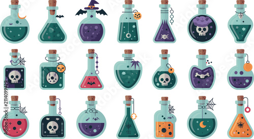 Konstfotografi Set of colorful Halloween magic potion bottles with skull, bat, and witch themes for spooky holiday design projects