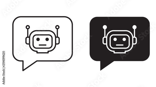 Two speech bubble containing a robot head with antennae, displayed in both linear outline and solid black silhouette versions on a white background
