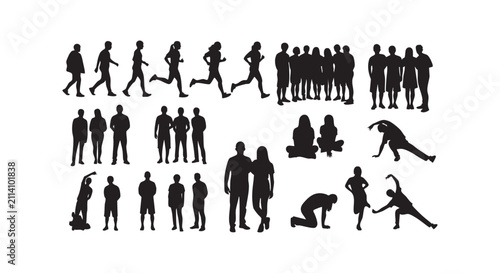 People silhouettes doing sports, running, walking, meditating, doing yoga, and standing.