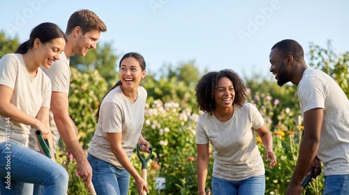 Diverse group of young adult volunteers smiling and gardening together in a sunny community park