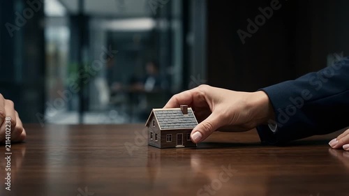 Mortgage interest rate concept with small wooden house model held by hand on table representing real estate loan and home finance ideas for investment and mortgage planning