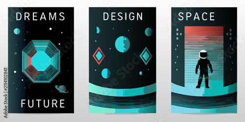 Fotografie retro futuristic posters with space themes vector illustration astronaut planets