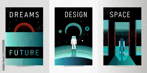 Fotografía retro futuristic posters collection with astronaut and planet vector space desig