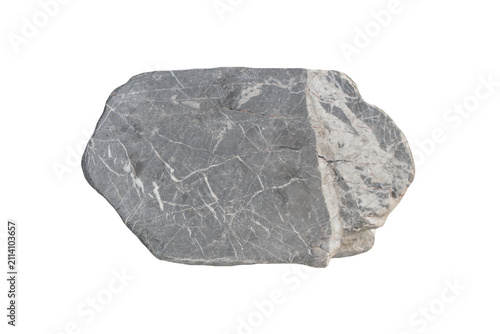 Natural grey limestone rock with white calcite mineral veins and texture, isolated on white background. Macro shot, top view.
