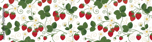 Red Strawberries and Green Leaves Seamless Pattern