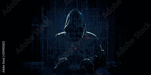 hooded figure in dark digital painting silhouette mysterious typing keyboard cyber security hacker anonymous secretive technology internet privacy data protection network computer software