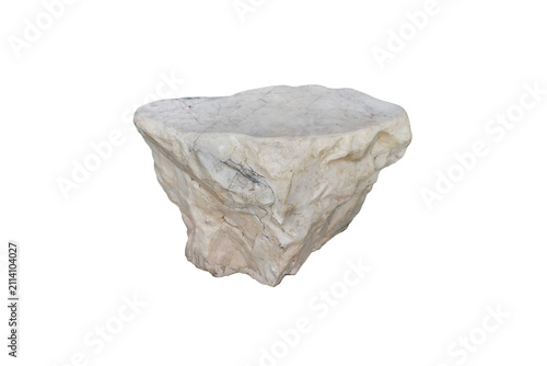 Perspective view of a large white marble block stone with natural grey veins and smooth top surface, isolated on white background.
