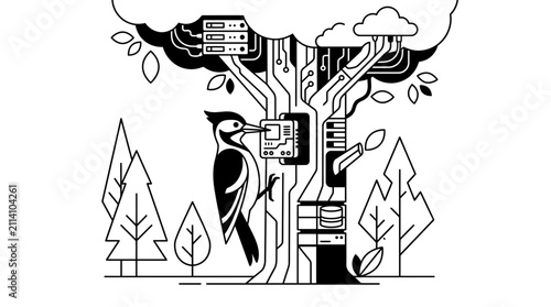 Woodpecker Tech Concept Digital Tree Infrastructure Illustration