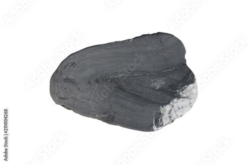 Unpolished rounded dark grey limestone rock with white calcite mineral inclusion and smooth natural texture, isolated on white background. Top view, flat lay.
