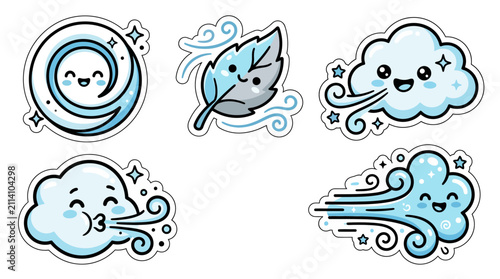 Cute Kawaii Wind and Weather Icons: Clouds, Swirl, Leaf, Breeze