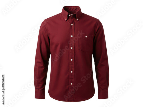 Burgundy button down shirt. Men's long sleeve cotton dress shirt isolated on white.