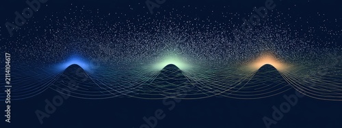 Abstract digital art with three luminous peaks on a dark background, resembling mountains