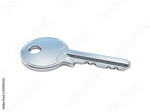 Single metal house key isolated on white. Shiny silver door key for home security access.