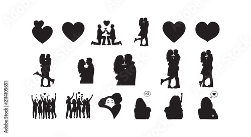 Quadro su tela Romantic silhouettes of couples embracing kissing and proposing with hearts and groups