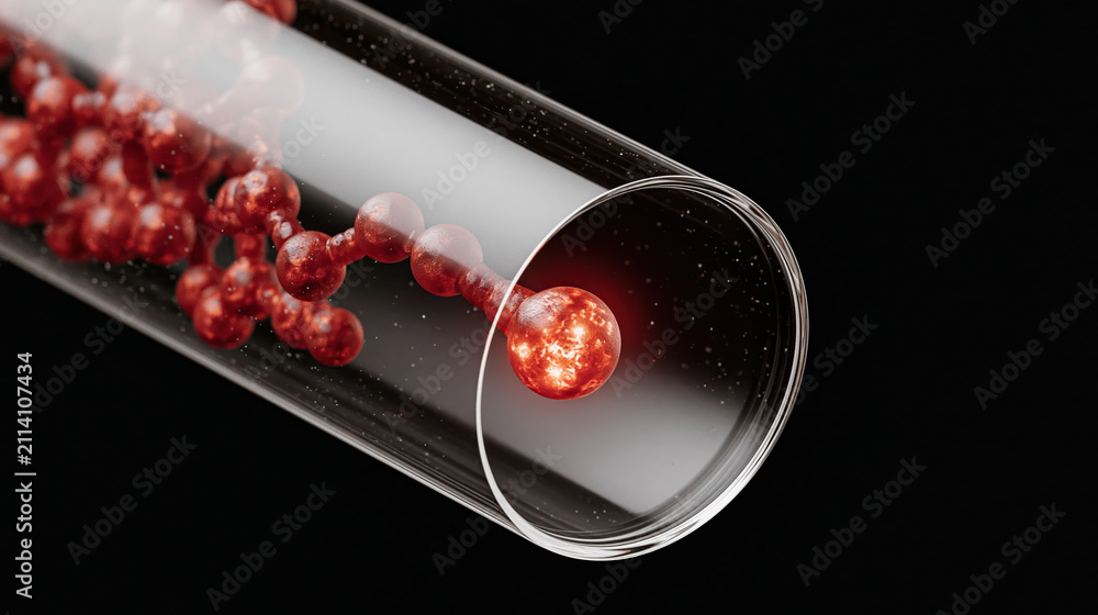 Fototapeta premium Glowing red sphere in glass tube, science concept with molecular node, rogue ai agent containment concept