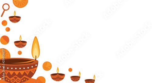 Foto A festive Diwali background featuring several lit earthen lamps, known as diyas, arranged with orange circular patterns on a white backdrop