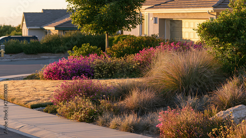 Water wise native garden lawn replacement suburban landscape drought tolerant planting colorful front yard
