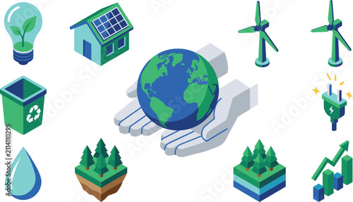 Isometric Eco Friendly Green Energy Vector Set with Sustainable Solar House, Wind Turbines, Recycling Bin, Water Drop, and Planet Earth for Environmental Designs
