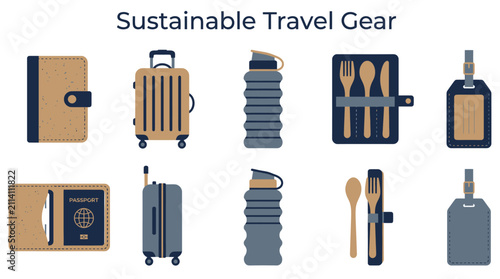 Set of ten vector icons depicting sustainable travel gear in two rows against a white background
