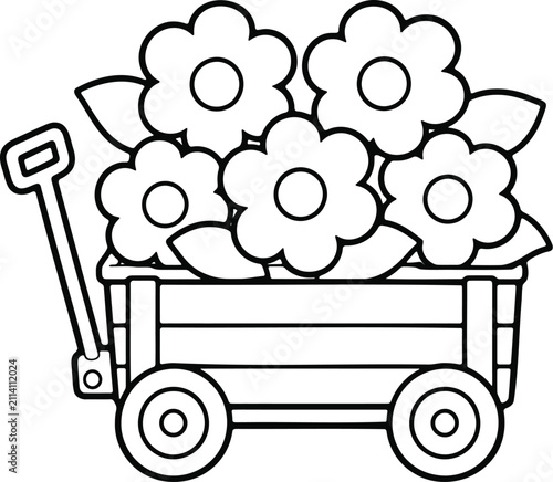 Coloring page of a wooden wagon filled with flowers