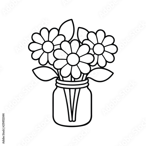 Line art illustration of a bouquet of daisies in a glass jar