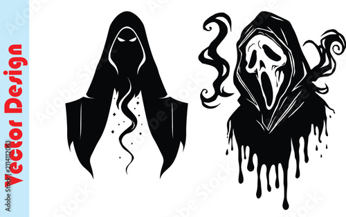 Two eerie, dripping, hooded figures with skull-like faces in a vector design.