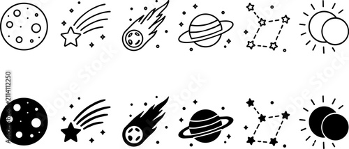Isolated Minimalist space icon set, black line and solid astronomy vector elements, celestial symbols including moon planet comet constellation and solar eclipse ,Clean grouped each Icon