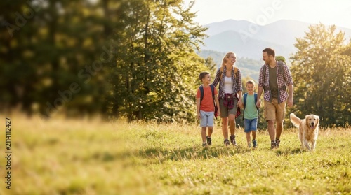 Family Hiking Trip with Children and Dog in Nature Park during Sunny Day