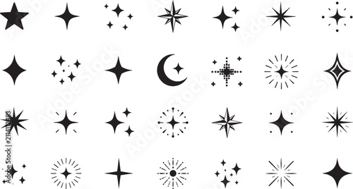 Isolated Minimalist star sparkle icon set, black celestial vector elements, magic twinkling stars and crescent moon graphics for branding and design ,Clean grouped each Icon