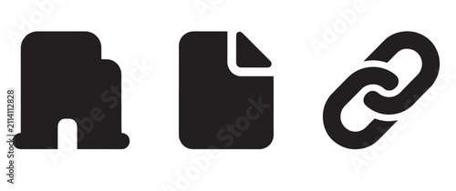 Three black on a white background, featuring a building or office structure, a blank document page, and a chain link symbol for web connections