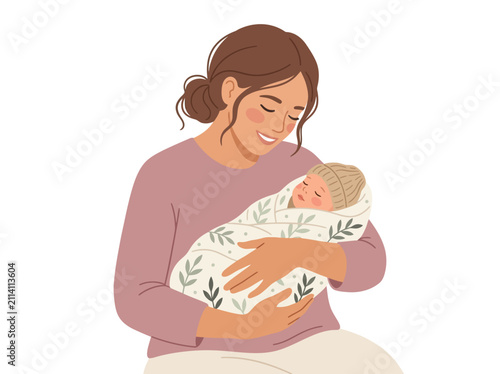 Young Mother Holding Sleeping Newborn Baby Gently.