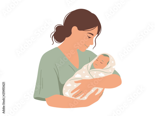 Mother Gently Cradling Sleeping Newborn Baby.