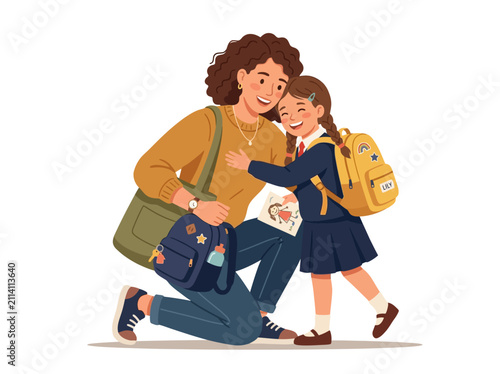 Mother And Daughter Walking Together Happily Outdoors.