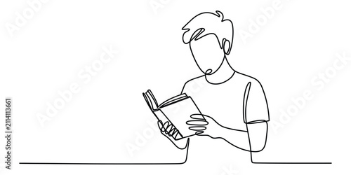 Young man reading a book continuous line drawing