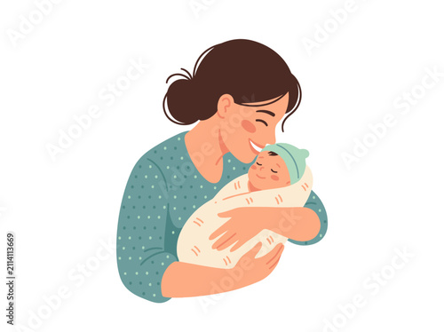 Young Woman Holding Sleeping Newborn Baby Gently.