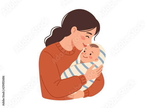 Mother Tenderly Holding Sleeping Newborn Baby Close.