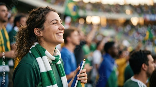 Excited young Caucasian female soccer fan cheering in stadium stands during match