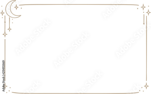 Minimalist boho celestial frame with crescent moon and stars line art border on white background for wedding invitation or digital graphic design