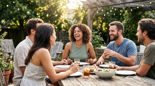 Multiracial young adults enjoying dinner party outdoors, laughing and talking together at a backyard patio table during summer sunset