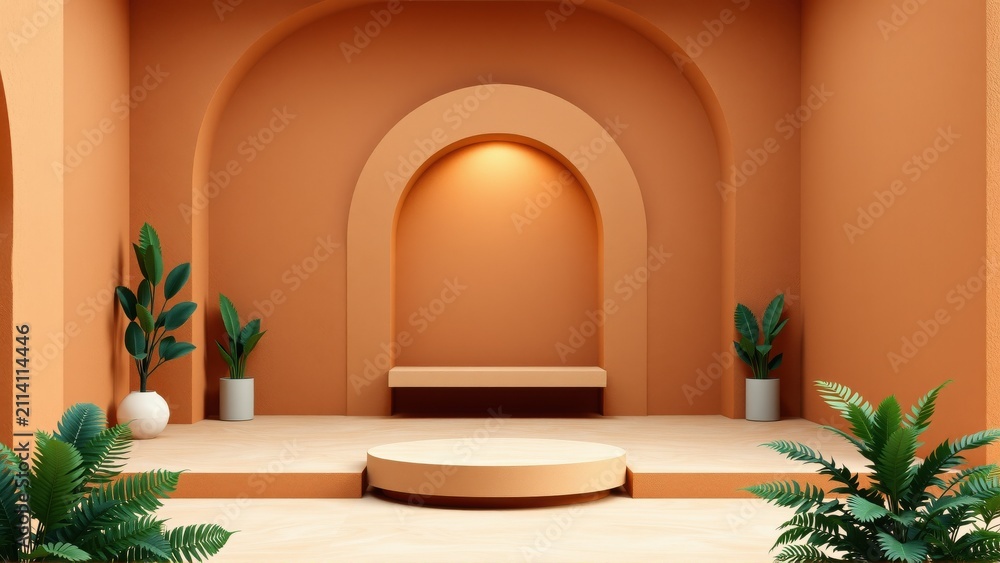 Fototapeta premium Minimalist interior. Orange walls, arched alcove, round pedestal. Plants add natural touch. Dramatic lighting creates focus.