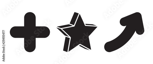 A set of three black featuring a plus sign, a three-dimensional star, and a curved arrow pointing up, isolated on a white background, for web