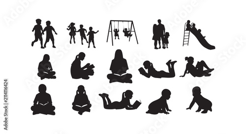 Silhouettes of people enjoying outdoor activities like playing on swings and slides.