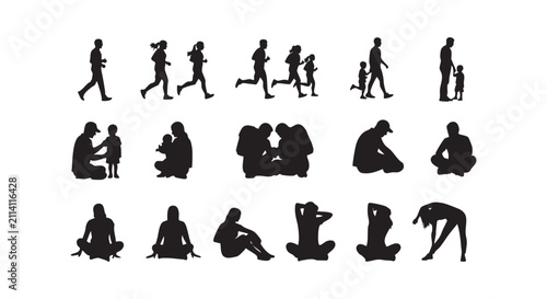 Silhouettes of people exercising meditating and relaxing together on white vector.