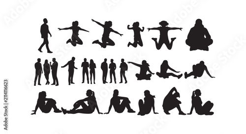 Silhouettes of people jumping, sitting, and relaxing showing dynamic action and calm.