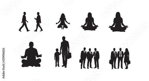 Silhouettes of people meditating walking and business groups in professional attire set.
