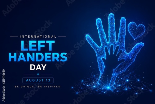 Digital illustration of a large and small hand with a heart representing international left-handers day celebration awareness technology abstract. international left-handers day