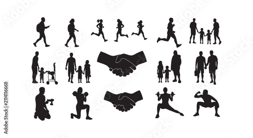 Silhouettes of people walking, exercising, families, and shaking hands for connection.