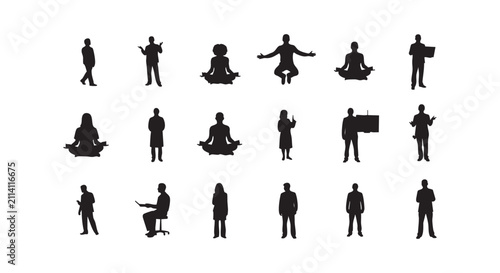 Silhouettes of people meditating, working and in contemplation, yoga and office poses.