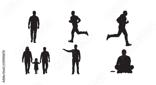 Silhouettes of people walking, running, and meditating for lifestyle themes.